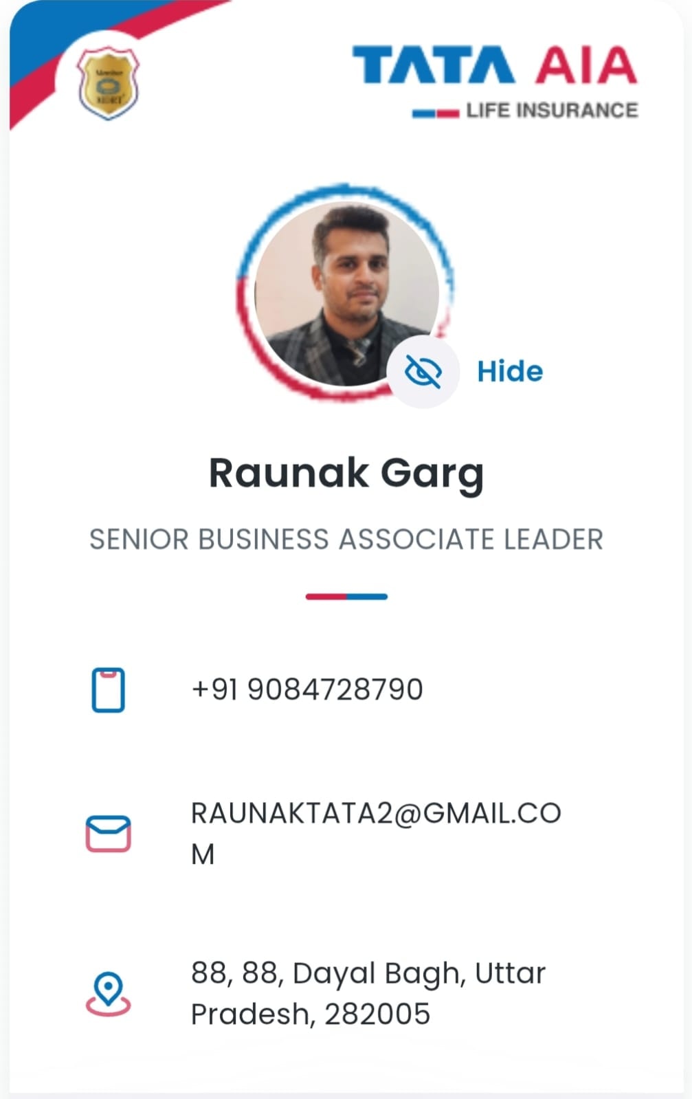 Raunak Garg — Senior Business Associate Leader, TATA AIA Life Insurance credential card