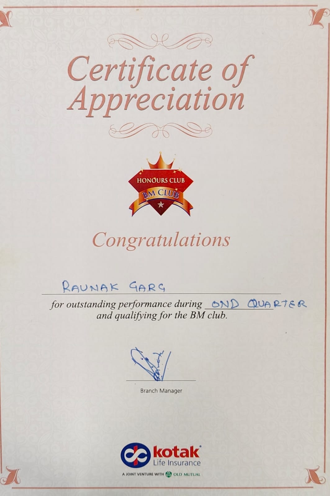Raunak Garg — Certificate of Appreciation, Kotak Life Insurance Honours Club BM Club, OND Quarter